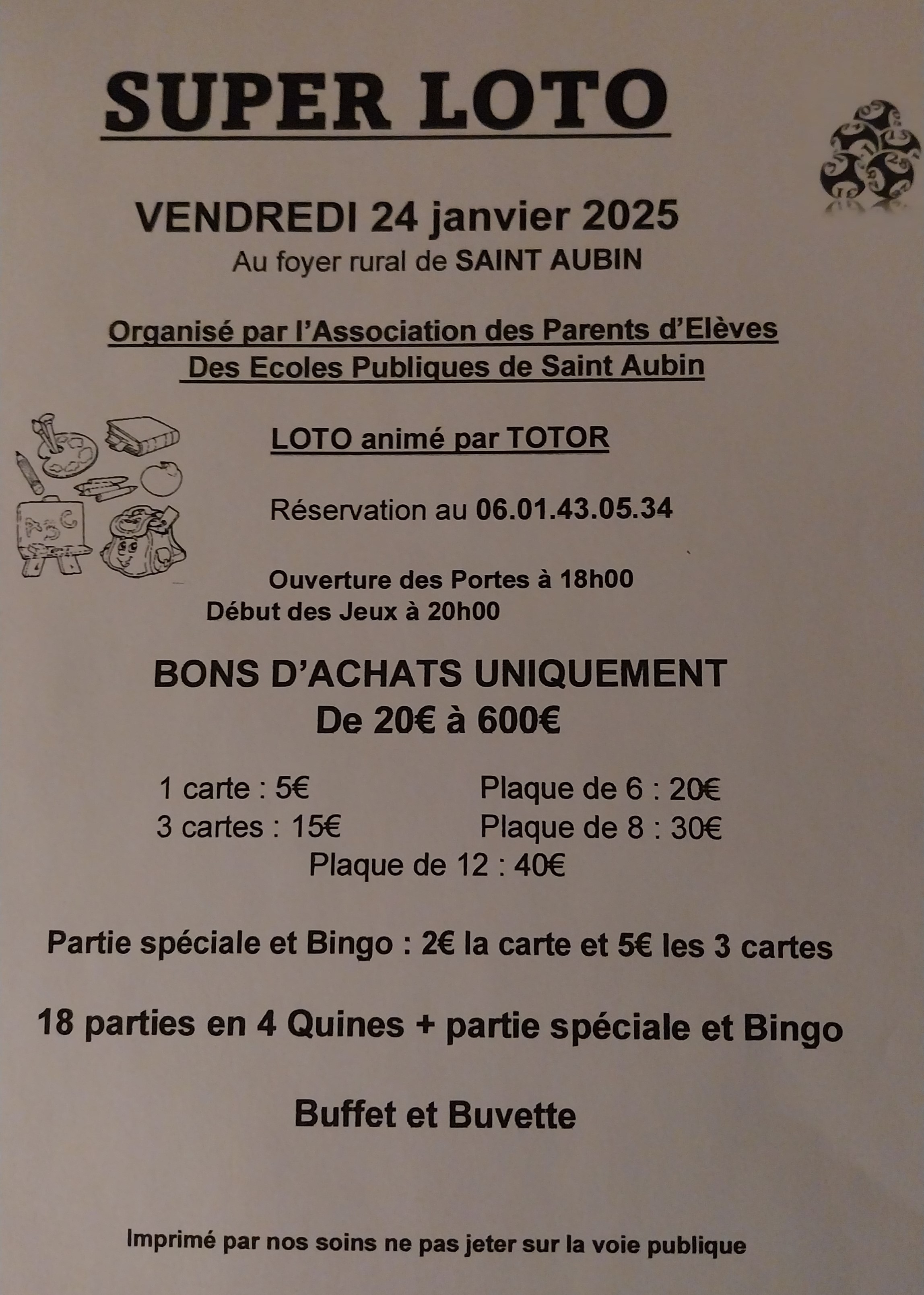 Super-loto de l'APE des Ecoles Publiques de Saint-Aubin